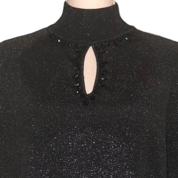 DIANE GILMAN DG2 1X Plus Size Black Silver Metallic Flecks Beads Keyhole Sweater - Picture 3 of 9